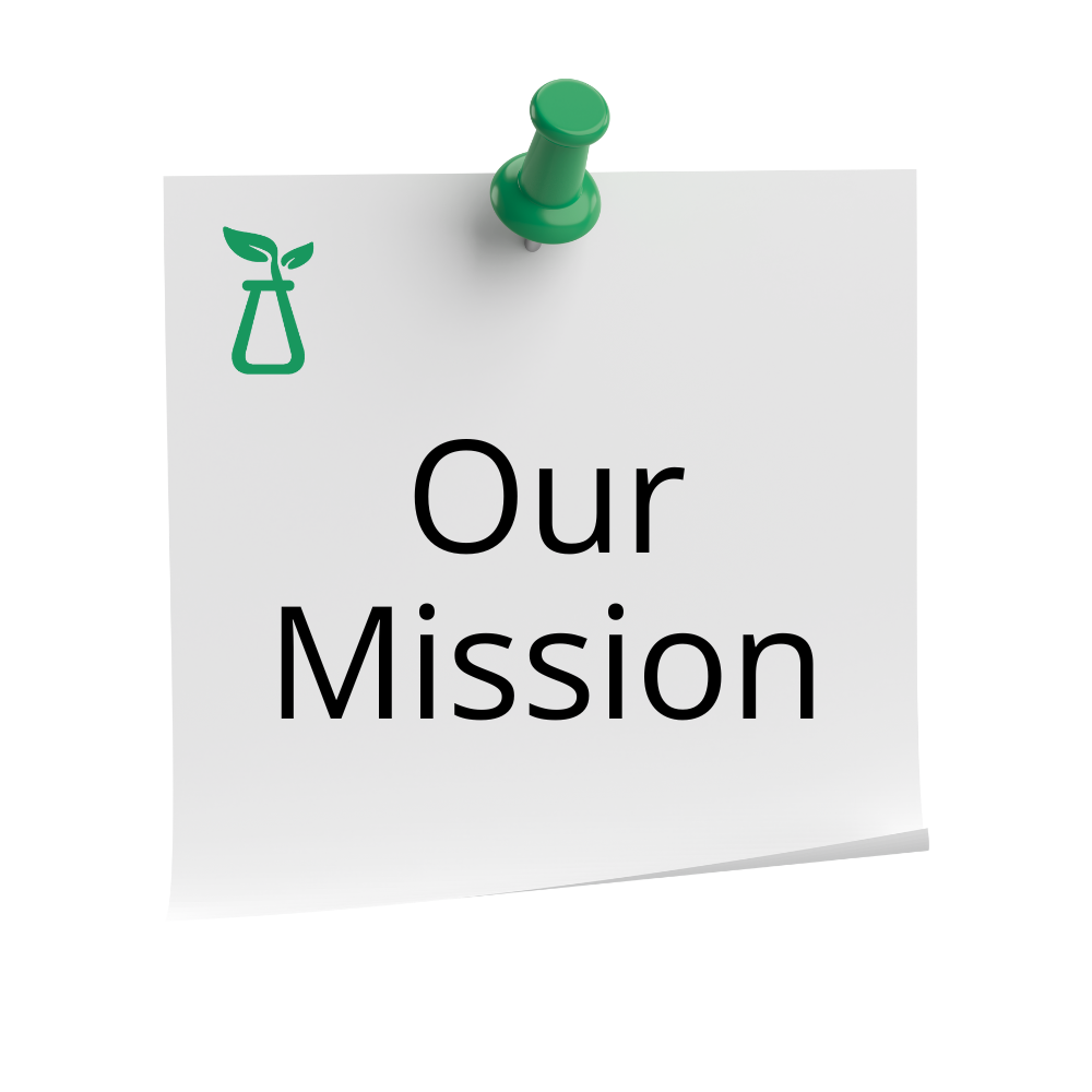 our mission written on a white post it note and my green lab logo mark